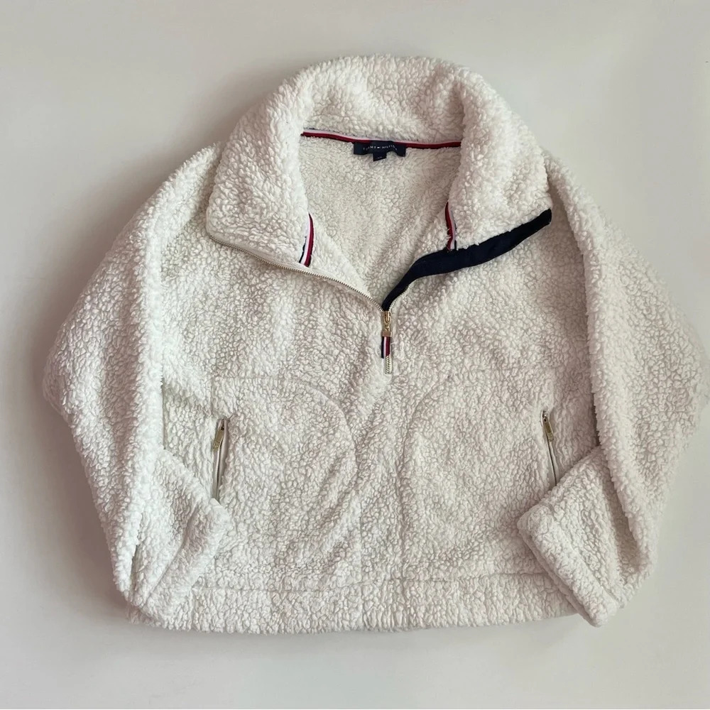 TOMMY HILFIGER Teddy Plush Sherpa Cream Fleece Quarter Zip Pullover Size Small - Picture 2 of 12